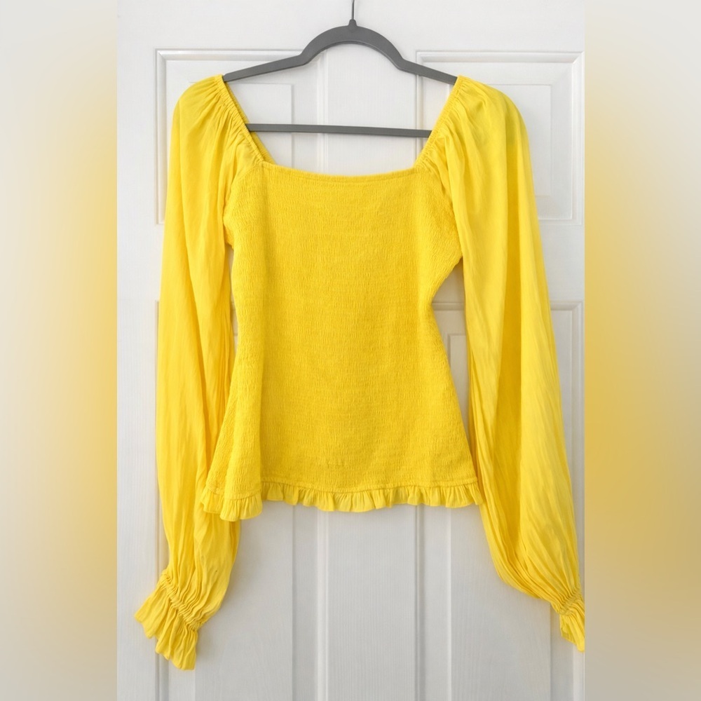 Ramy Brook Smocked Square Neck Blouse yellow with statement sleeves size small